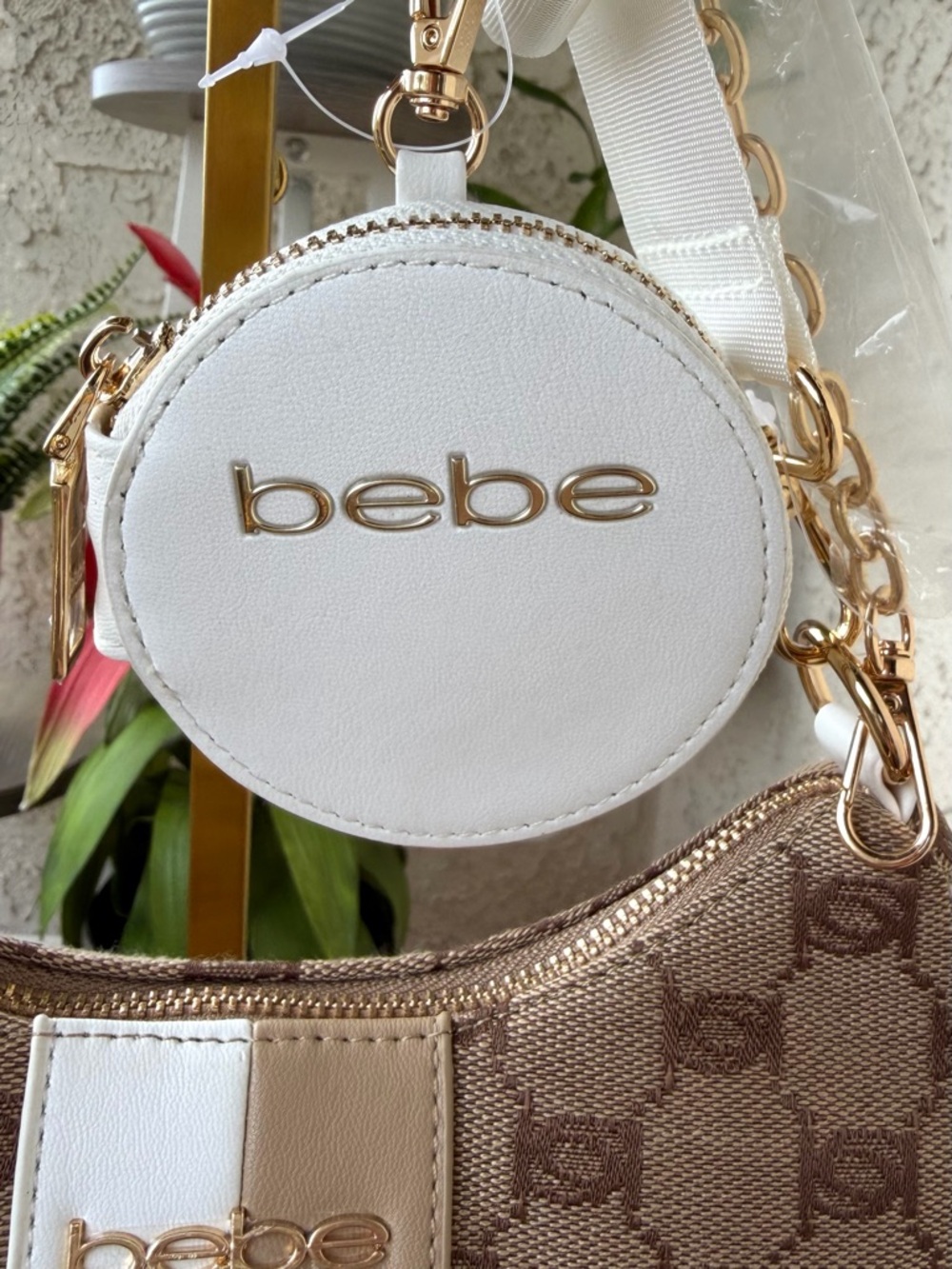 bebe Brown, White & Gold Logo Hobo Shoulder Bag with Coin Pouch - Picture 7 of 16